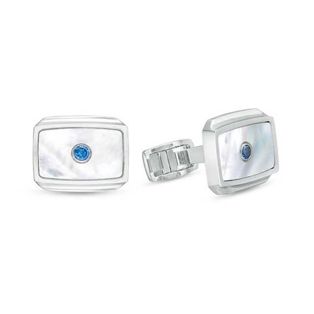 Men's Mother-of-Pearl Inlay Lab-Created Blue Sapphire Rectangular Cuff Links in Stainless Steel