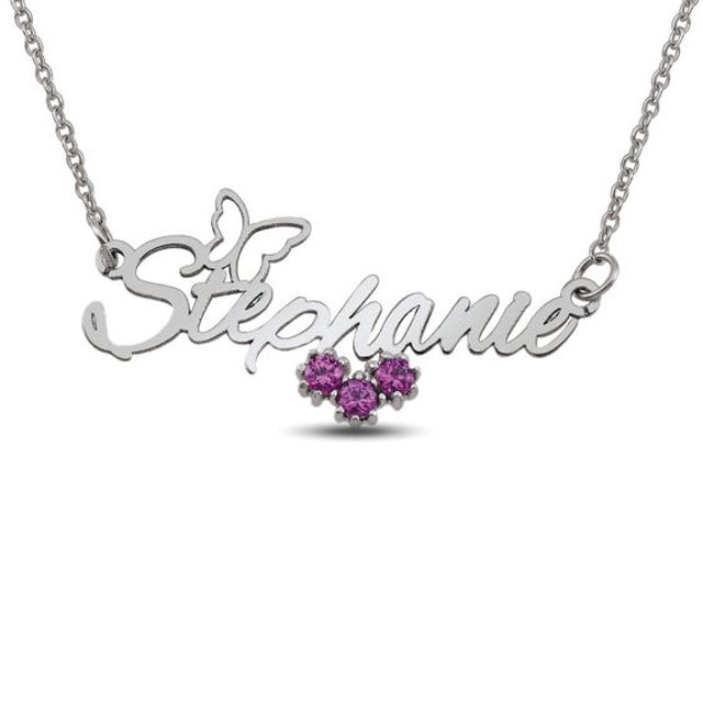 Birthstone and Butterfly Name Necklace (3 Stones and 1 Name)