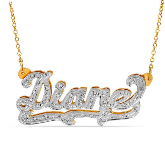 1/10 CT. T.w. Diamond and Textured Scroll Name Necklace in Sterling Silver and 14K Gold Plate (1 Line)