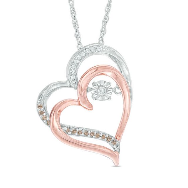 0.07 CT. T.w. Champagne and White Diamond Tilted Hearts Pendant in Sterling Silver and 10K Rose Gold