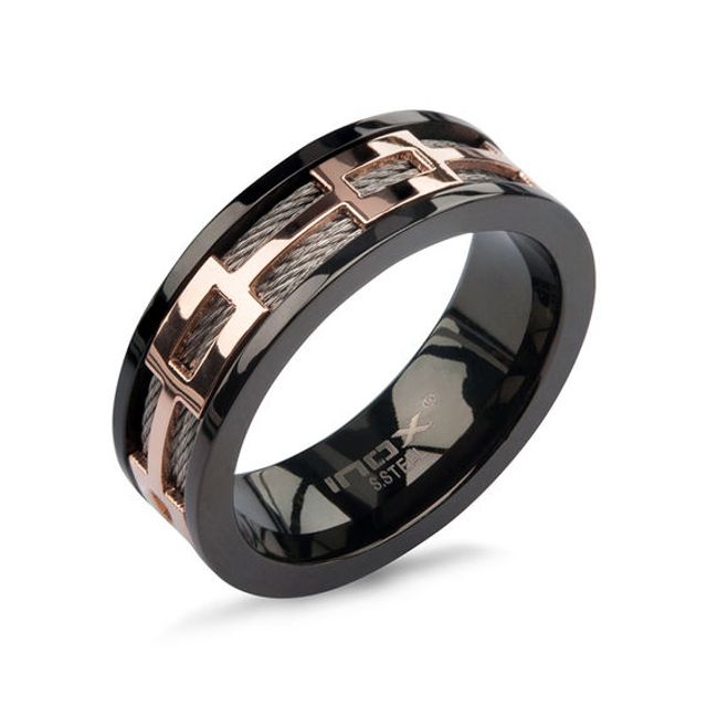 Men's 8.0mm Cable and Geometric Spinner Band in Tri-Toned IP Stainless Steel