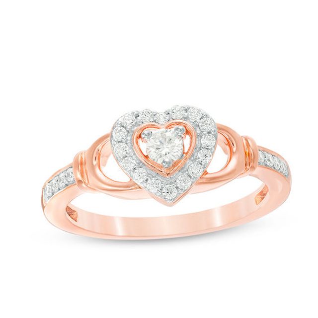 1/4 CT. T.w. Diamond Heart Frame Claddagh-Style Promise Ring in 10K Rose Gold