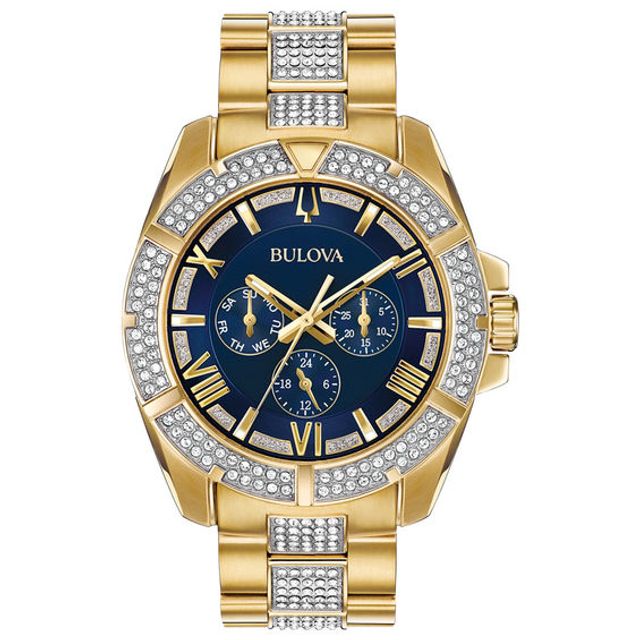 Men's Bulova Octava Crystal Accent Gold-Tone Watch with Blue Dial (Model: 98C128)