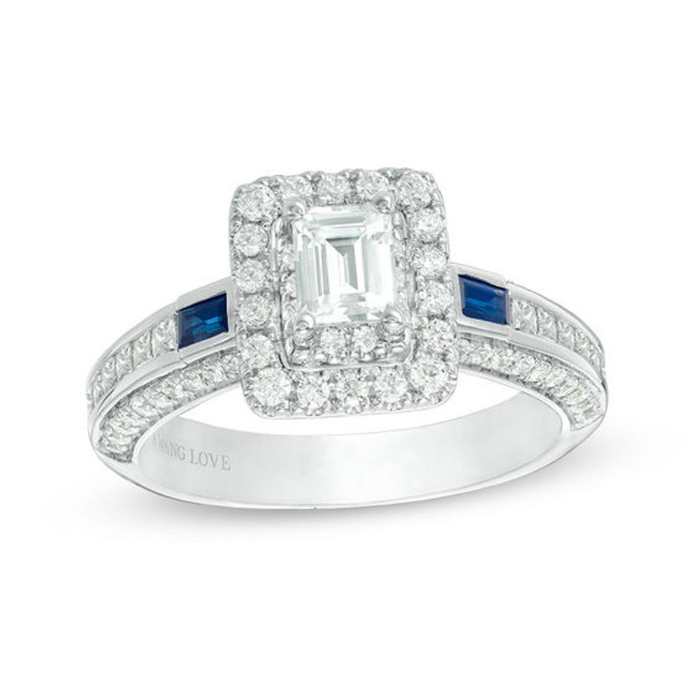 Vera Wang Love Collection 1-1/5 CT. T.w. Emerald-Cut Diamond and Blue Sapphire Engagement Ring in 14K White Gold