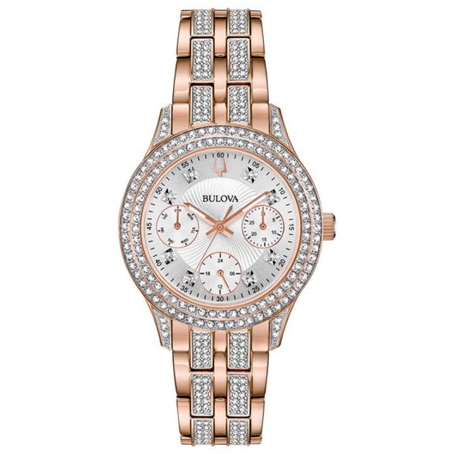 Ladies' Bulova Crystal Accent Rose-Tone Watch with White Dial (Model: 98N113)