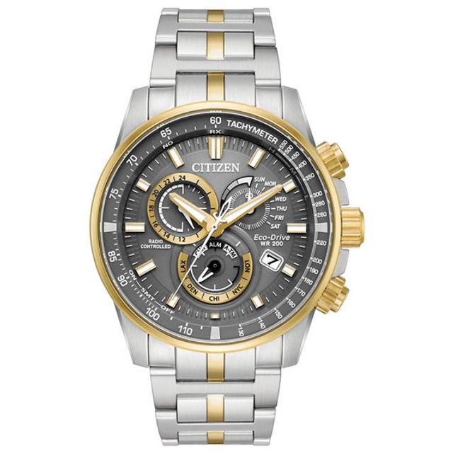 Men's Citizen Eco-DriveÂ® Perpetual Chrono A-T Two-Tone Watch with Grey Dial (Model: At4124-51H)