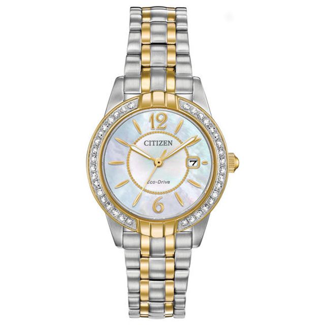 Ladies' Exclusive Citizen Eco-DriveÂ® Silhouette Crystal Two-Tone Watch with Mother-of-Pearl Dial (Model: Ew1684-54D)