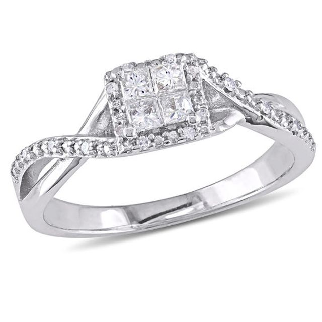 1/4 CT. T.w. Quad Princess-Cut Diamond Frame Twist Shank Promise Ring in Sterling Silver