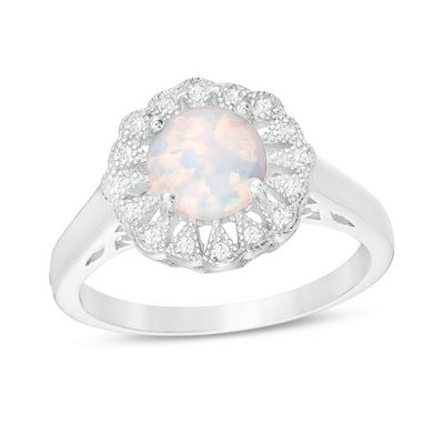 7.0mm Lab-Created Opal and White Topaz Flower Frame Ring in Sterling Silver