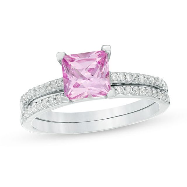 6.0mm Princess-Cut Lab-Created Pink Sapphire and 1/5 CT. T.w. Diamond Bridal Set in Sterling Silver