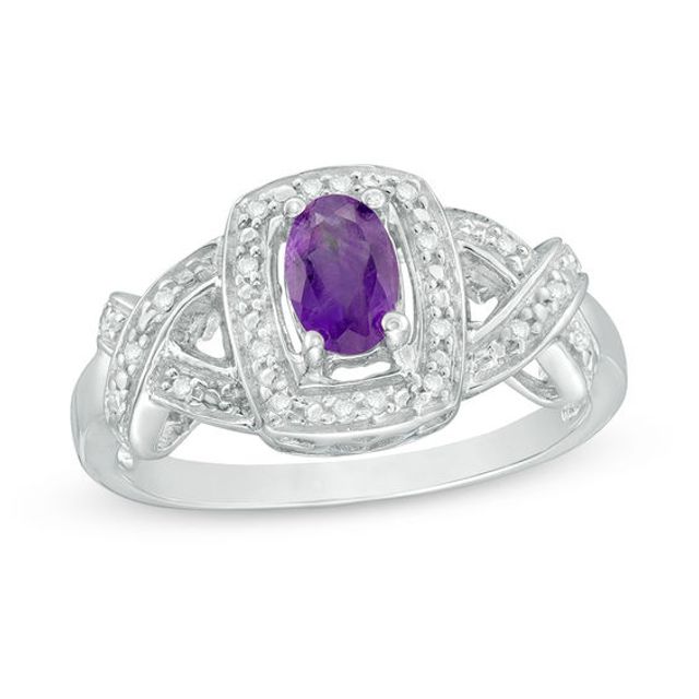 Oval Amethyst and 1/20 CT. T.w. Diamond Cushion Frame Twist Ring in Sterling Silver