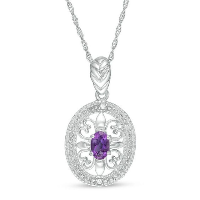 Oval Amethyst and Diamond Accent Heart Vintage-Style Pendant in Sterling Silver