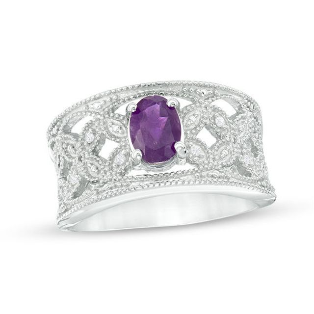 Oval Amethyst and Diamond Accent Vintage-Style Ring in Sterling Silver