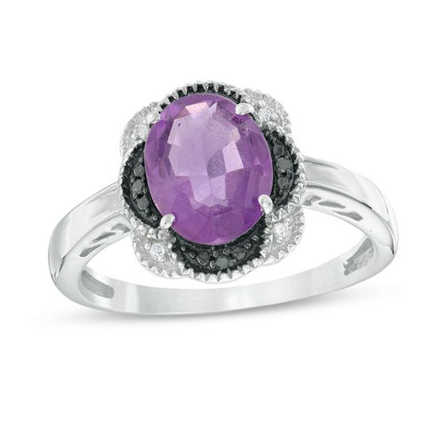 Oval Amethyst and Enhanced Black and White Diamond Accent Flower Frame Vintage-Style Ring in Sterling Silver