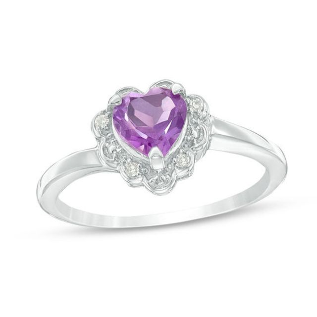 6.0mm Heart-Shaped Amethyst and Diamond Accent Scallop Frame Ring in Sterling Silver