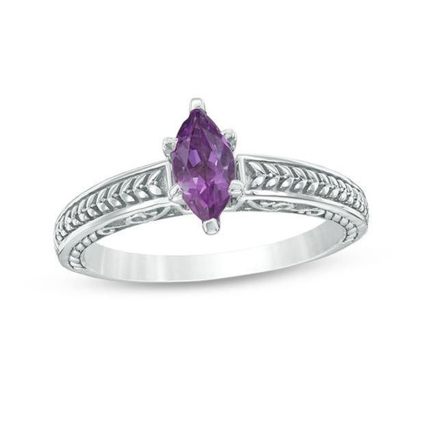 Marquise Amethyst Leaf Shank Ring in Sterling Silver