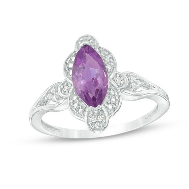 Marquise Amethyst and Diamond Accent Scallop Frame Ring in Sterling Silver