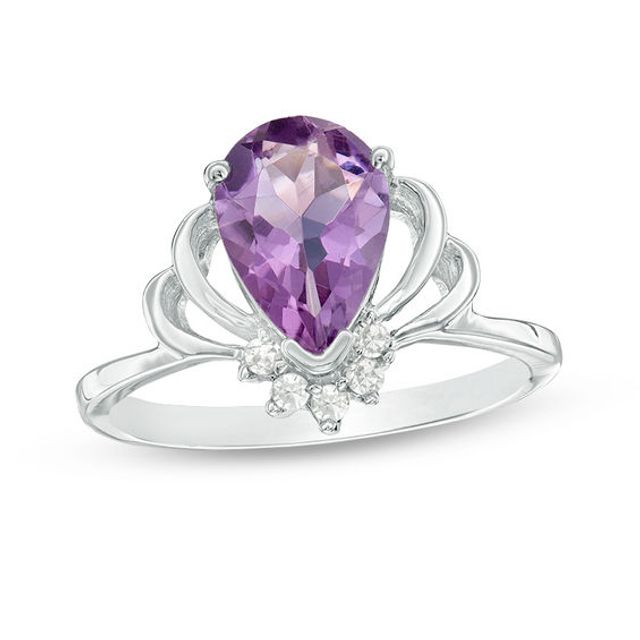 Pear-Shaped Amethyst and 1/15 CT. T.w. Diamond Crown Ring in Sterling Silver