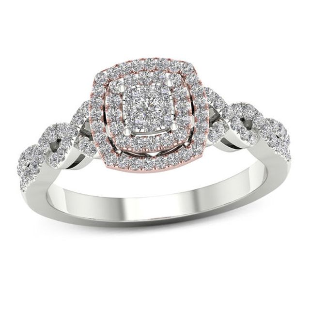 1/3 CT. T.w. Composite Diamond Double Cushion Frame Twist Engagement Ring in 14K Two-Tone Gold