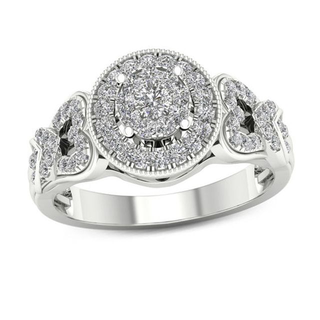 1/2 CT. T.w. Diamond Double Frame Heart-Sides Vintage-Style Engagement Ring in 14K White Gold