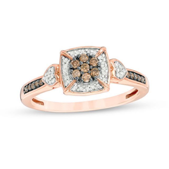 1/5 CT. T.w. Champagne and White Composite Diamond Cushion Frame Promise Ring in 10K Rose Gold