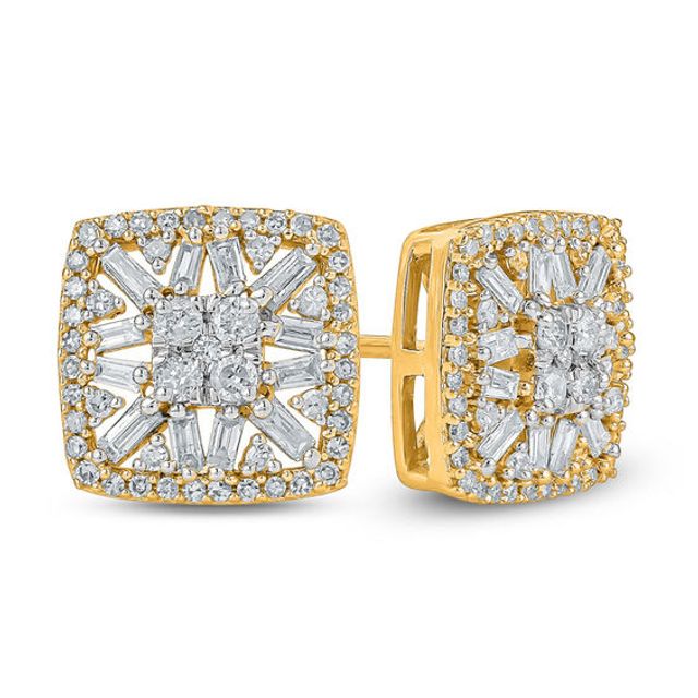 1/2 CT. T.w. Baguette and Round Multi-Diamond Cushion Frame Stud Earrings in 10K Gold