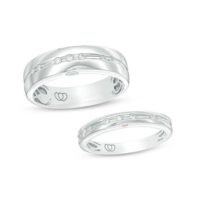 1/8 CT. T.w. Diamond Duo Wedding Band Set in 10K White Gold - Size 7 and 10
