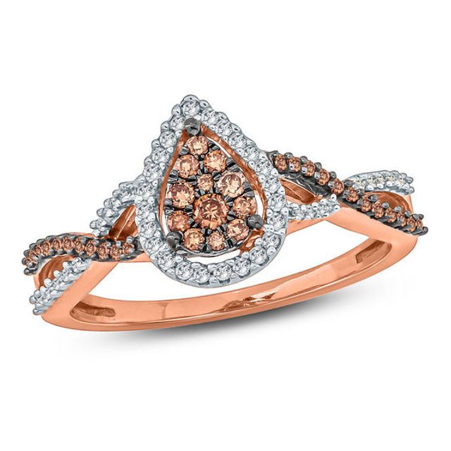 1/3 CT. T.w. Champagne and White Diamond Pear-Shaped Frame Twist Ring in 10K Rose Gold