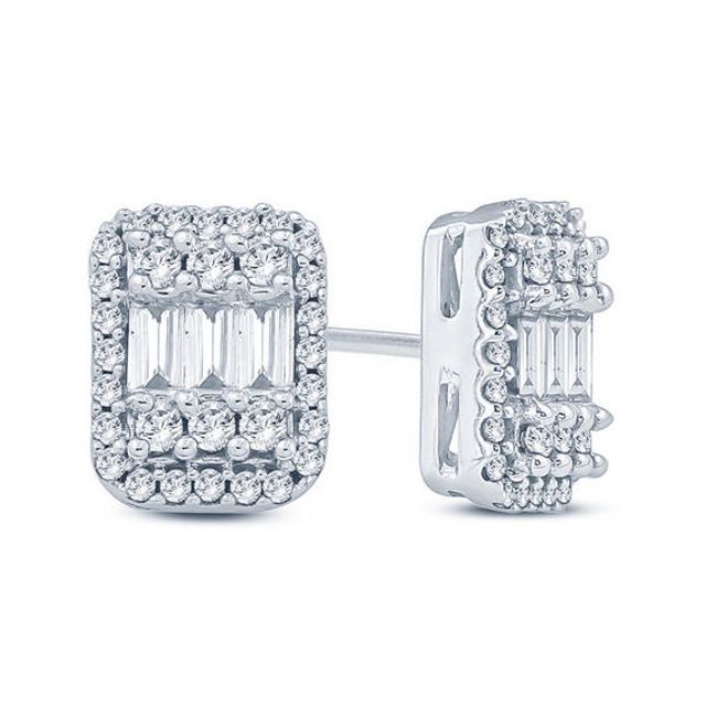 1/2 CT. T.w. Baguette and Round Multi-Diamond Cushion Frame Stud Earrings in 10K White Gold