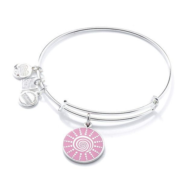 Alex and Ani Pink Epoxy Spiral Sun Charm Bangle in Brass with Silver Electroplate
