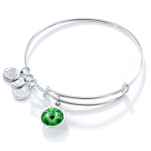 Alex and Ani Green Crystal August Birthstone Charm Bangle in Brass with Silver Electroplate
