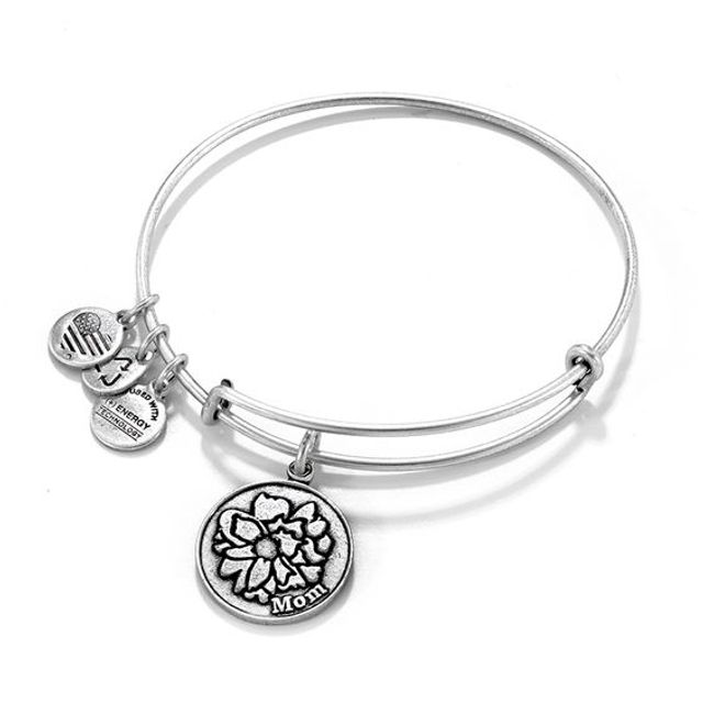 Alex and Ani Mom Peony Charm Bangle in Silver-Tone Brass