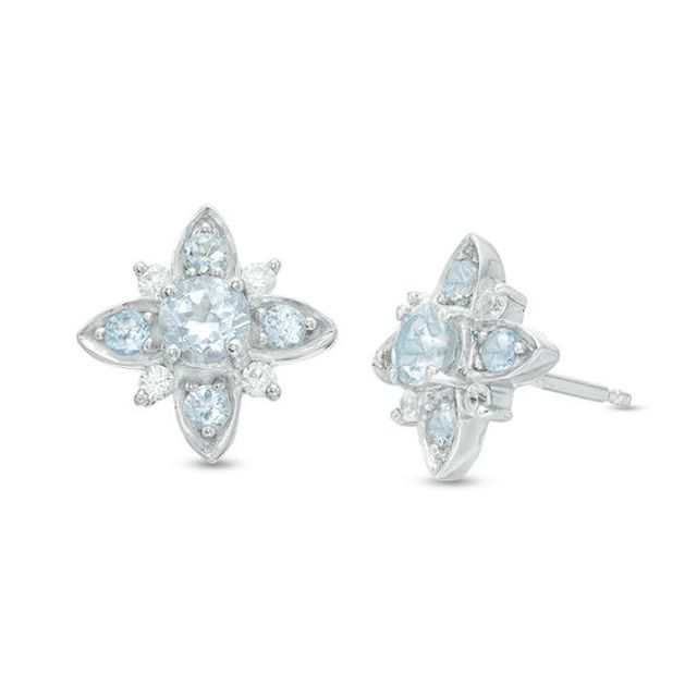 Aquamarine and 1/10 CT. T.w. Diamond Flower Stud Earrings in Sterling Silver