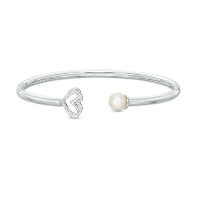 The Kindred Heart from Vera Wang Love Collection Freshwater Cultured Pearl and Diamond Bangle in Sterling Silver-7.5"