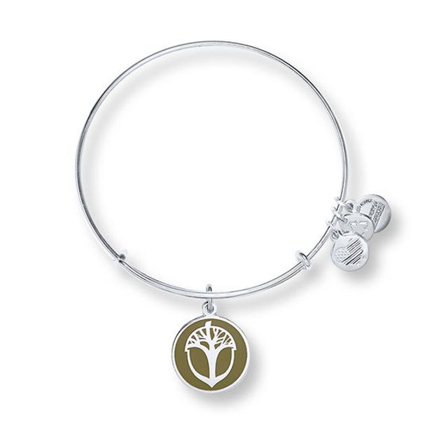 Alex and Ani Green Epoxy Unexpected Miracles Tree Charm Bangle in Brass with Silver Electroplate