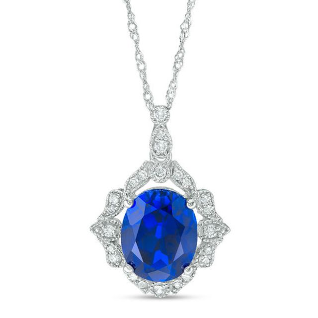 Oval Lab-Created Blue Sapphire and 1/6 CT. T.w. Diamond Vintage-Style Vine Frame Pendant in 10K White Gold