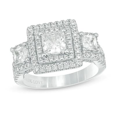 Vera Wang Love Collection 2-1/2 CT. T.w. Princess-Cut Diamond Three Stone Frame Engagement Ring in 14K White Gold