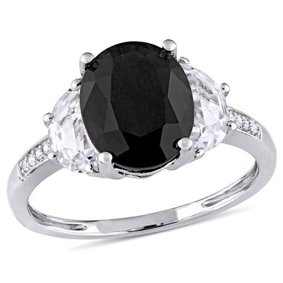 Oval Black Sapphire, Half-Moon Lab-Created White Sapphire and Diamond Accent Three Stone Ring in Sterling Silver