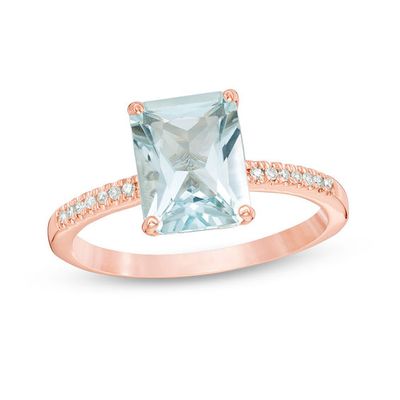 Emerald-Cut Aquamarine and 1/10 CT. T.w. Diamond Ring in 14K Rose Gold