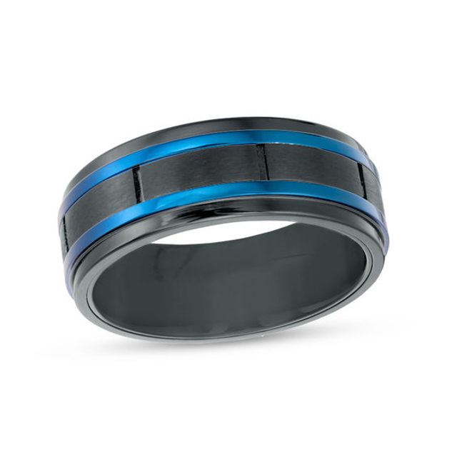 Men's 8.0mm Brick Pattern Wedding Band in Blue and Black IP Stainless Steel