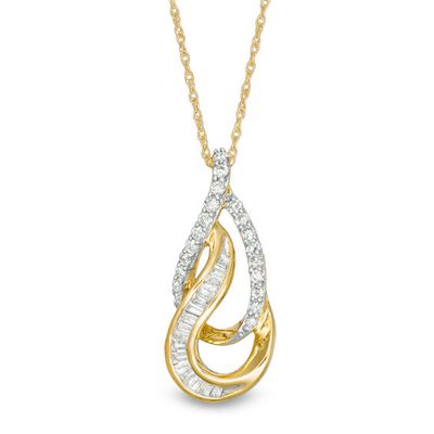 1/3 CT. T.w. Baguette and Round Diamond Double Teardrop Pendant in 10K Gold
