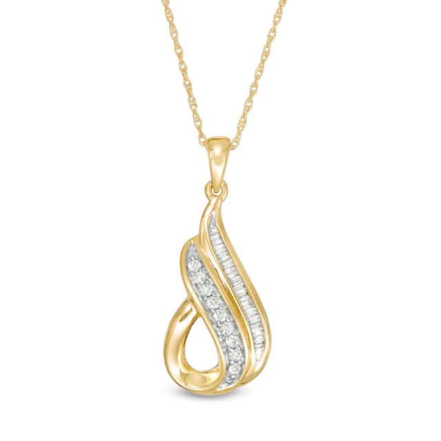 1/5 CT. T.w. Baguette and Round Diamond Teardrop Pendant in 10K Gold