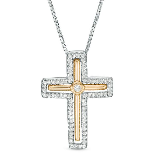 Convertibilities 1/8 CT. T.w. Diamond Cross Three-in-One Pendant in Sterling Silver and 10K Gold