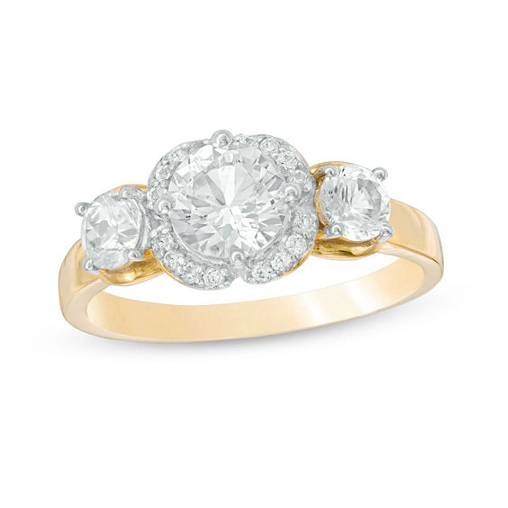 Lab-Created White Sapphire Three Stone Flower Frame Engagement Ring in 10K Gold