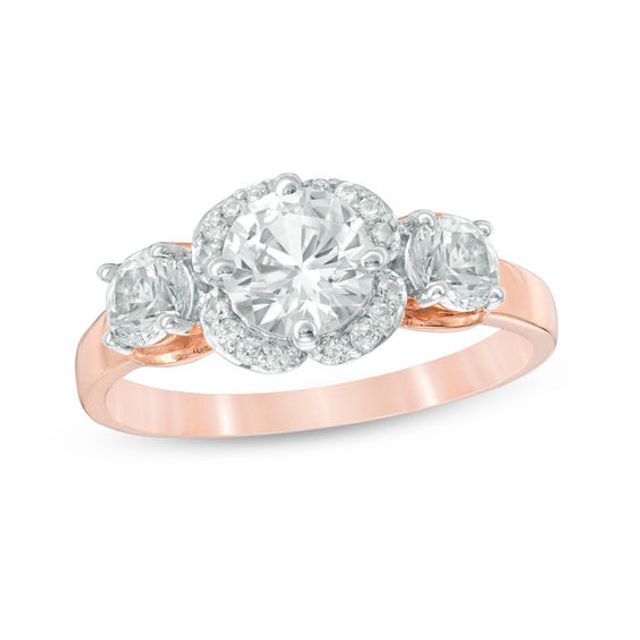 Lab-Created White Sapphire Three Stone Flower Frame Engagement Ring in 10K Rose Gold