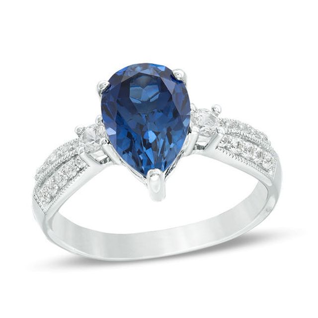 Pear-Shaped Lab-Created Blue and White Sapphire Vintage-Style Ring in Sterling Silver