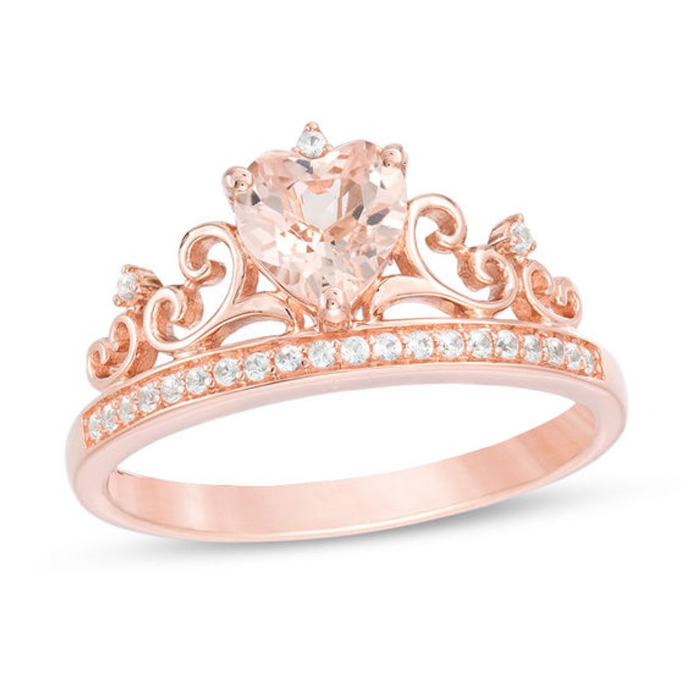 6.0mm Heart-Shaped Morganite and Lab-Created White Sapphire Tiara Ring in 10K Rose Gold