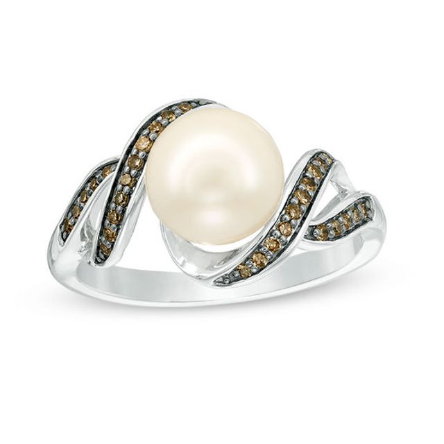 8.0mm Baroque Freshwater Cultured Pearl and 1/8 CT. T.w. Champagne Diamond Twist Ring in Sterling Silver-Size 7