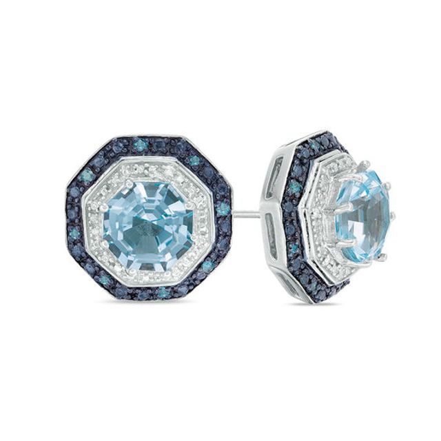 Blue Topaz and 1/6 CT. T.w. Enhanced Blue and White Diamond Double Octagon Frame Stud Earrings in Sterling Silver