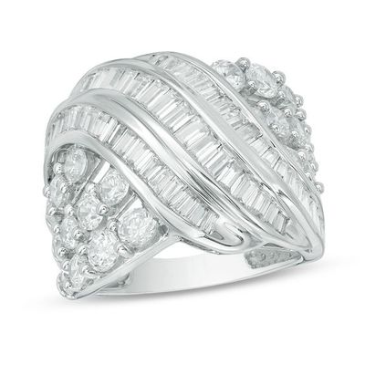 3 CT. T.w. Baguette and Round Diamond Crossover Ring in 10K White Gold